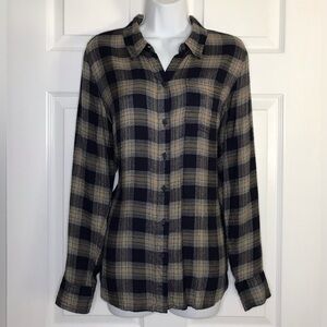 Lucky Brand Women’s Navy + Tan Plaid Button-Down Flannel Shirt M